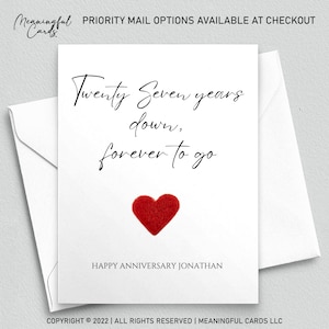 Twenty Seventh anniversary card, twenty seven years down forever to go, personalized anniversary card for him, anniversary card for her 27th