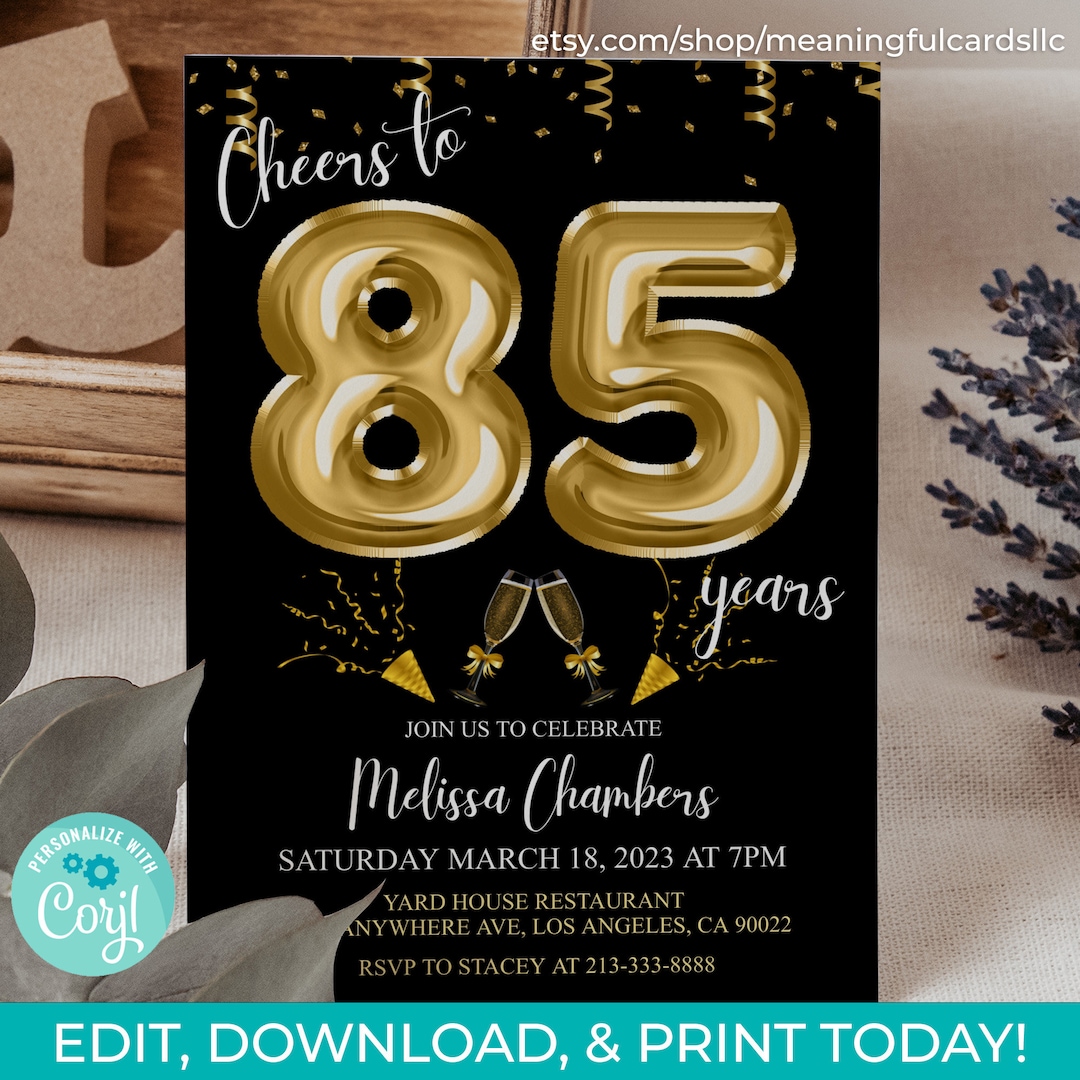 85th Birthday Editable Invitation 85th Invite Gold Invitation, Balloons ...