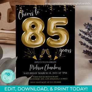85th Birthday Editable Invitation 85th Invite Gold Invitation, Balloons, For Him or Her Instant Download Printable, Editable DIY