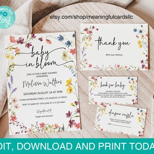 Plantillas editables de invitación para baby shower con diseño de bebé en flor, plantilla de flores silvestres para baby shower, descarga instantánea, plantilla imprimible