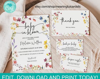 Wildflower Baby Shower Invitation Template: Editable Baby in Bloom (Digital Download)