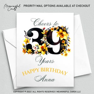 Motif floral personnalisé de carte de 39e anniversaire, carte de 39e anniversaire personnalisée avec des fleurs
