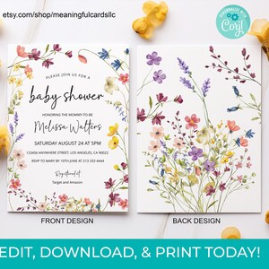 Plantillas de invitación para baby shower con flores silvestres editables, plantilla de flores silvestres para baby shower, descarga instantánea, plantilla imprimible