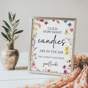 Raad hoeveel snoepjes er in de pot zitten Babyshower spelsjabloon Wildflower, bewerkbare direct download, afdrukbare sjabloon