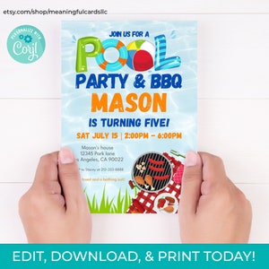 Editable Pool Party BBQ Birthday Invitation Pool Party Barbecue Kids Birthday Download Summer Party Printable Invite Template