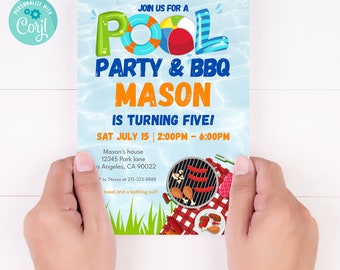 Pool Party BBQ Birthday Invitation, Summer Printable (Digital Download)