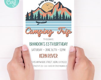 Camping Birthday Invitation: Summer Lake Party, Editable (Digital Download)