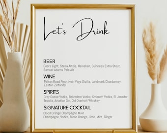 Minimalist Wedding Bar Menu Sign Template, Simple Printable (Digital Download)
