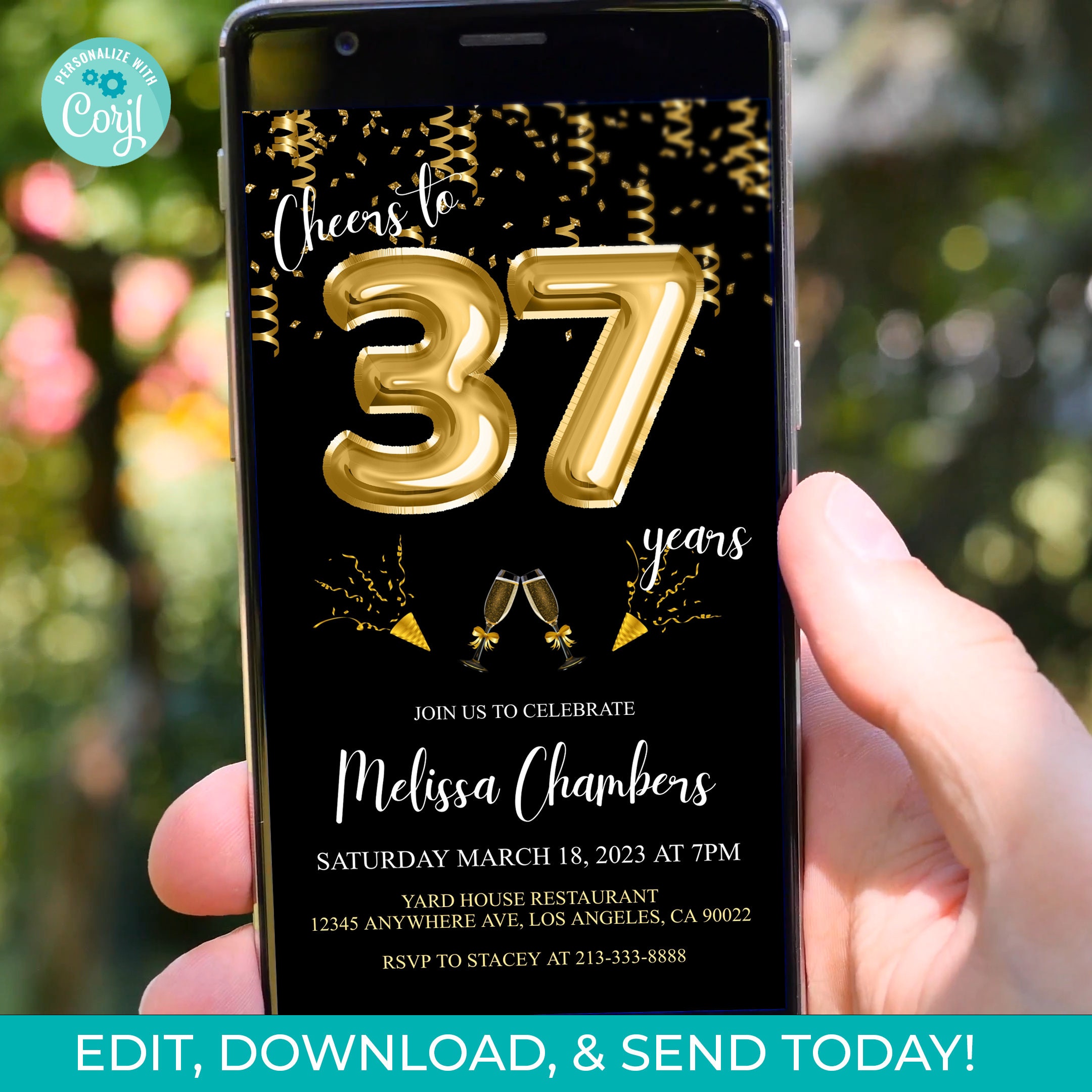 37th Birthday Invitation Editable 37th Invite Send Online Editable 37 Years Digital Invitation Instant Download DIY