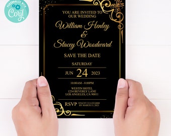 EDITABLE Wedding Invitation Black Gold Modern Design Customizable Digital Wedding Invite Template Instant Download 5x7 invite Digital File