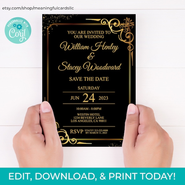 EDITABLE Wedding Invitation Black Gold Modern Design Customizable Digital Wedding Invite Template Instant Download 5x7 invite Digital File