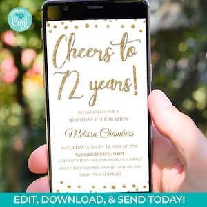 72nd Birthday Invitation Editable 72nd Invite Send Online, Editable 72 Years Digital Invitation Instant Download, DIY