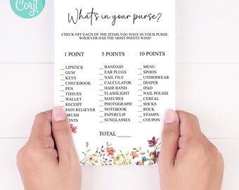 Bridal Shower What's in your Purse Game Template Wildflower, Editable Instant Download, Printable Template