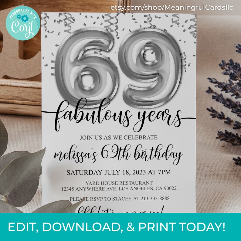 69th Birthday Invitation, Silver Balloons, Editable Party Invite ...