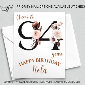 94th Birthday Card Personalized Birthday Card, Cheers to 94 Years Custom Birthday Card, Boho Birthday Card, Customized Birthday Card