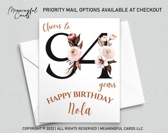 Personalized 94th Birthday Card, Floral Design