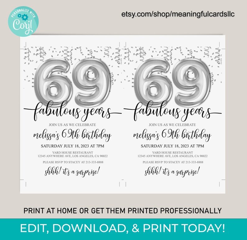69th Birthday Invitation, Silver Balloons, Editable Party Invite ...