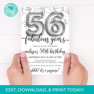 56th Birthday Editable Invitation 56th Invite Silver Balloons Party, For Him or Her Instant Download Printable, Editable DIY