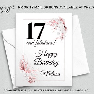 Carte de 17e anniversaire, carte d'anniversaire personnalisée, carte d'anniversaire personnalisée 17 et fabuleuse, carte d'anniversaire bohème, carte d'anniversaire personnalisée