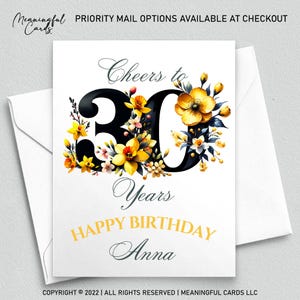 Conception florale personnalisée de carte de 30e anniversaire, carte de 30e anniversaire personnalisée avec des fleurs