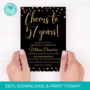 57th Birthday Invitation 57th Invite Black Gold Glitter Invitation, Editable 57 Years Printable Instant Download, DIY