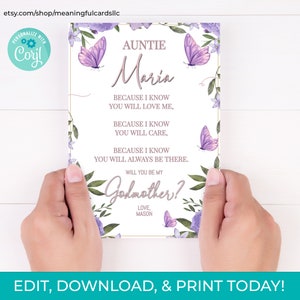 Tarjeta de madrina con mariposas moradas para imprimir y editar, propuesta de madrina para descargar al instante.