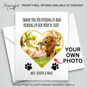 May include: A white card with a gold heart-shaped frame containing a photo of two dogs. The text "Thank you for feeding us and picking up our poop n stuff." is printed above the photo. The text "WUV, SCOOTER & MILES" is printed below the photo. The text "YOUR OWN PHOTO" is printed on the right side of the card.