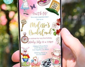 May include: A digital invitation for a first birthday party with an Alice in Wonderland theme. The invitation features a whimsical illustration of Alice, the Cheshire Cat, the Mad Hatter, and other characters from the story. The text on the invitation reads "Don't be late for a very important date! Join us in Melissa's Wonderland to celebrate her very first birthday Saturday July 23 at 3:00pm Shakey's Pizza Parlor 12345 Mystic Lane Los Angeles, CA 90022 RSVP to Stacey at 213-333-8888"