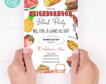 Editable BBQ Block Party Invitation, Neighborhood Cookout (Digital Download)