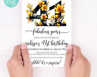 Floral 41st Birthday Invitation Template (Digital Download)