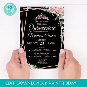 Pink and Black Floral Quinceañera Invitation, Editable 15th Birthday Party Invite Template, Mis Quince Anos, Instant Download