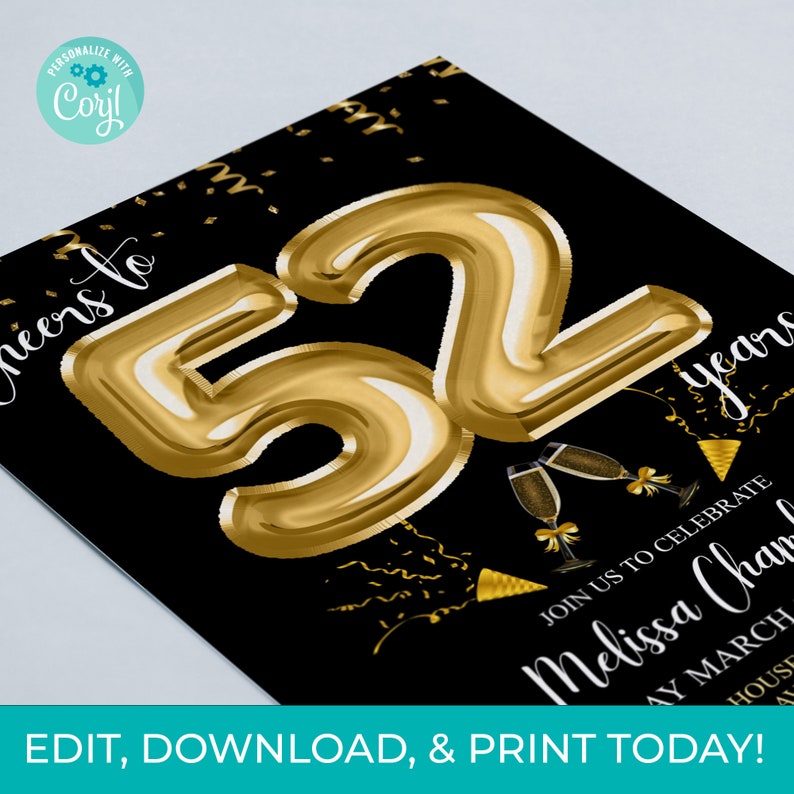 52nd Gold Lettering 52nd Birthday Invitation, Black and Gold Balloons (digital Download) - Etsy