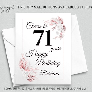 71st Birthday Card Personalized Birthday Card, Cheers to 71 Years Custom Birthday Card, Boho Birthday Card, White Pink Floral