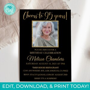 95th Birthday Invitation With Photo 95th Invite Black Gold Digital ...