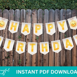 Happy Birthday Banner Smiling Sunshine Birthday Banner Sunny Boho Rainbow Girl Birthday Banner Instant Download Printable