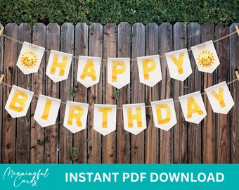 Sonnenschein Geburtstagsbanner, Boho Regenbogen, Sunny Girl (PDF zum ausdrucken)