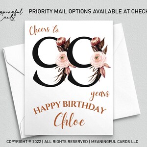 99th Birthday Card Personalized Birthday Card, Cheers to 99 Years Custom Birthday Card, Boho Birthday Card, White Pink Brown