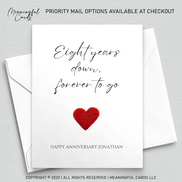 Eighth anniversary card, eight years down forever to go, personalized anniversary card for him, anniversary card for her, 8th anniversary