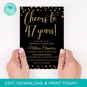 47th Birthday Invitation 47th Invite Black Gold Glitter Invitation, Editable 47 Years Printable Instant Download, DIY