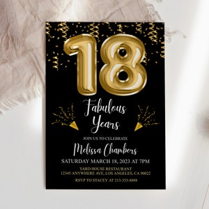 Faire-part modifiable 18e anniversaire Faire-part 18e anniversaire en or, ballons, pour lui ou pour elle Téléchargement immédiat Imprimable, modifiable DIY