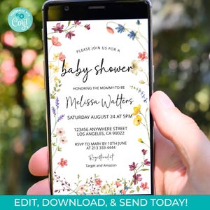 Bewerkbare babyshower babyshower mobiele sjablonen, tekstsjabloon babyshower wilde bloemen, Instant Download