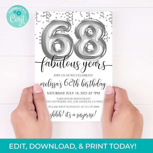 68th Birthday Editable Invitation 68th Invite Silver Balloons Party, For Him or Her Instant Download Printable, Editable to Any Age
