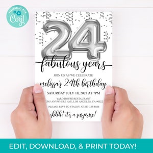 24th Birthday Editable Invitation 24th Invite Silver Balloons Party, For Him or Her Instant Download Printable, Editable DIY