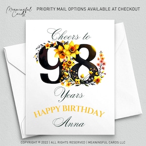 Conception florale personnalisée de carte de 98e anniversaire, carte personnalisée de quatre-vingt-dix-huitième anniversaire avec des fleurs