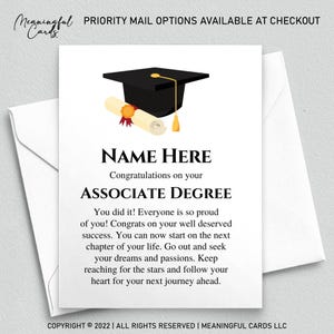 Cadeau personnalisé pour l'obtention du diplôme d'associé - Cadeau pour diplômé AS - Carte message attentionnée - Carte de remise des diplômes personnalisée