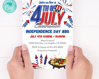 Editable 4th of July Party Invitation Template, Printable Fourth of July BBQ Invitation, BBQ Invitation Evite Instant Download