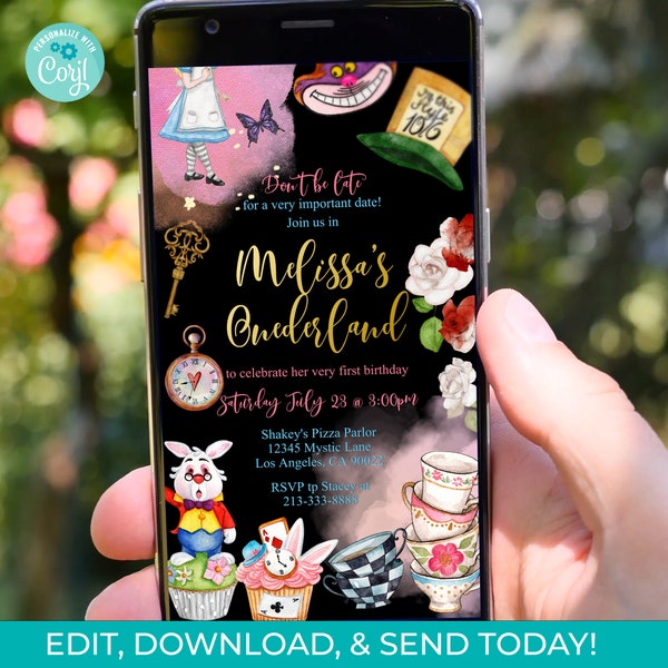 Editable Alice In Onderland Birthday Digital Invitation Girl First Birthday 1st Onederland Tea Party Template Digital Invite Mobile - 0110