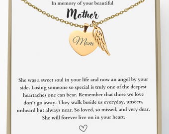 Memorial Necklace: Heart & Angel Wing - Loss of Mother Remembrance Gift