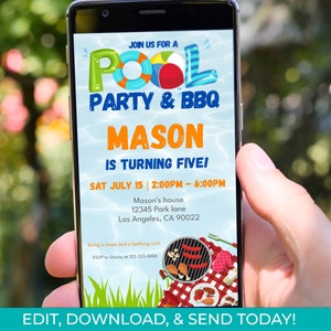 Editable Pool Party BBQ Birthday Digital Invitation Template, Electronic Invite Pool Party Barbecue Invite, Digital Phone Invitation