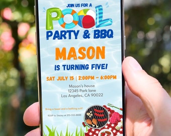 Editable Pool Party BBQ Birthday Invitation Template (Digital)